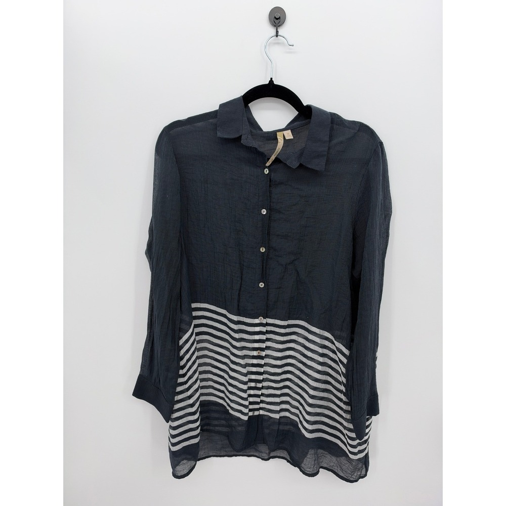 Comfy USA Charcoal Sheer Striped Tunic Shirt M Lagenlook Oversized Artsy